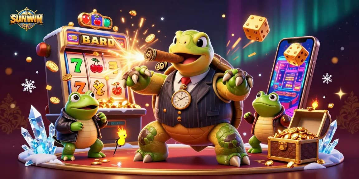 Trải nghiệm SUNWIN thú vị tại casino với rùa và ếch trong một bối cảnh sống động.