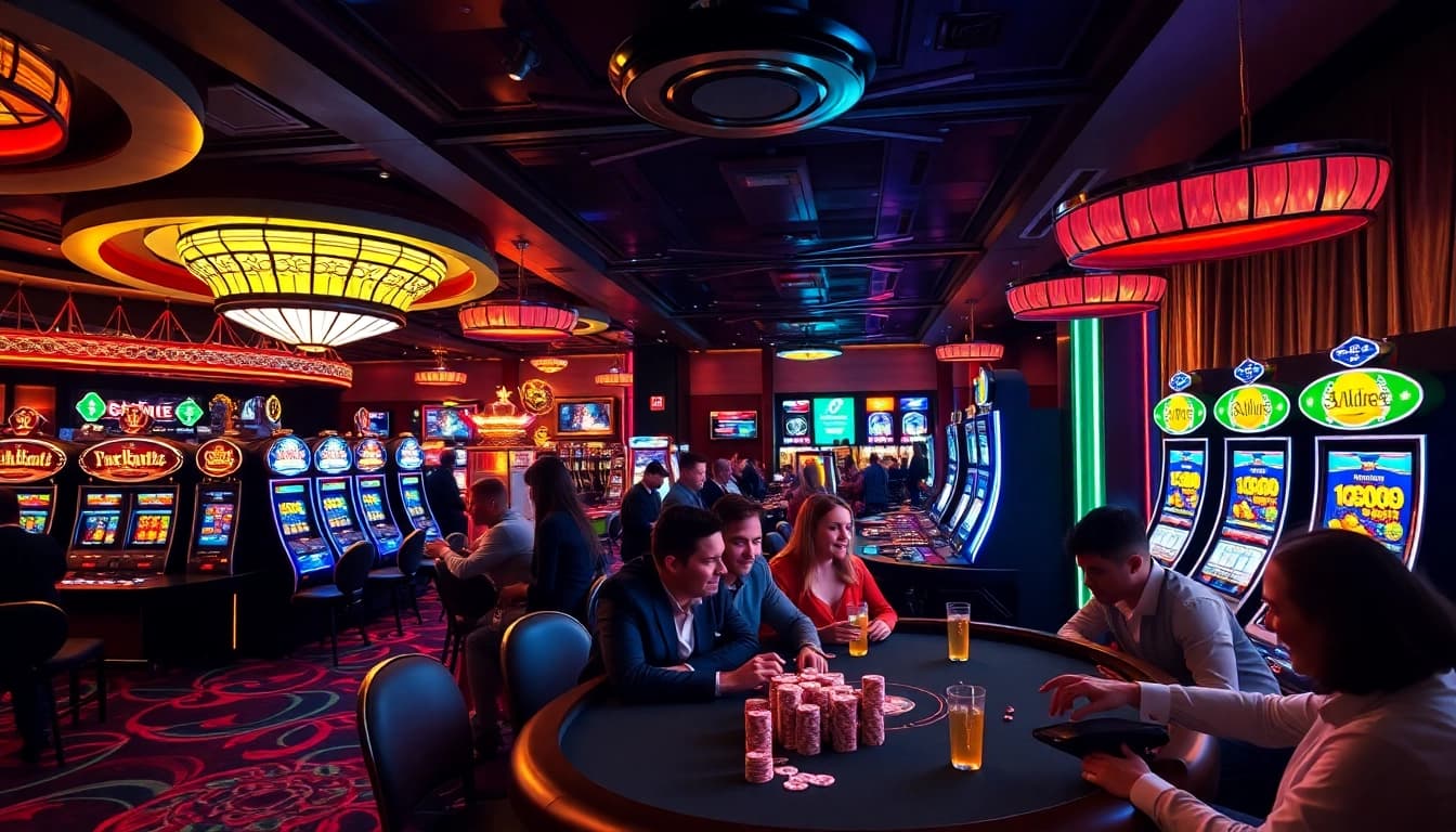 Exciting poker game at 8kbet casino with luxury decor and vibrant atmosphere.