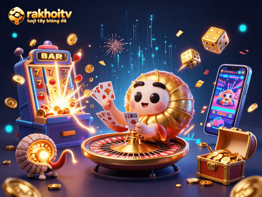 Experience rakhoitv trực tiếp bóng đá with vibrant casino-themed 3D illustration showcasing dynamic gambling elements.