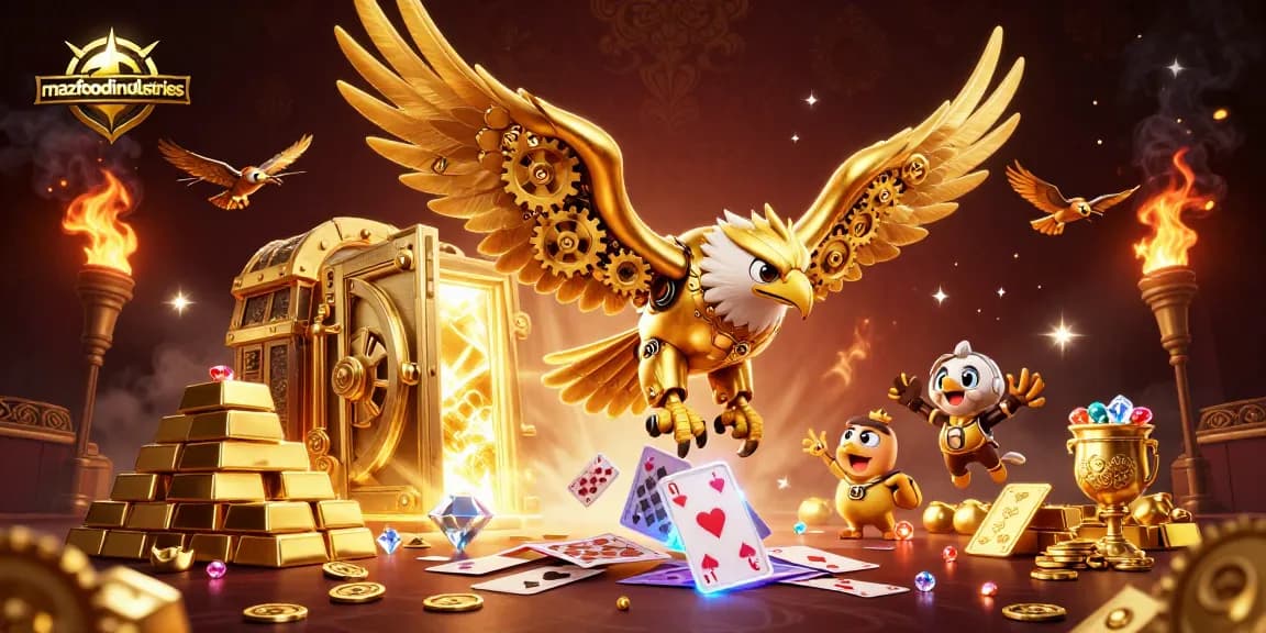 Mazfoodindustries showcases a dynamic 3D representation of gaming excitement with vibrant elements and engaging casino imagery.