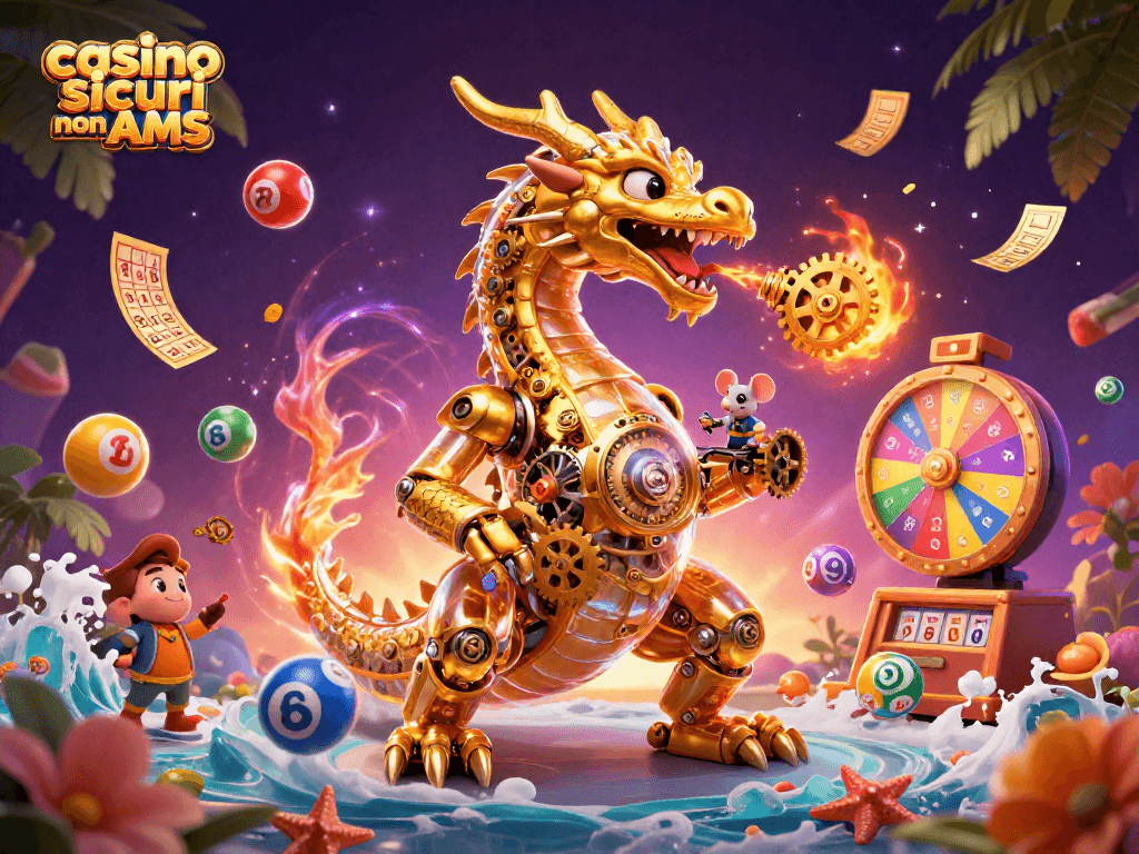 Gioca ai casinò sicuri non AAMS con drago e ingegnere in un'illustrazione magica.