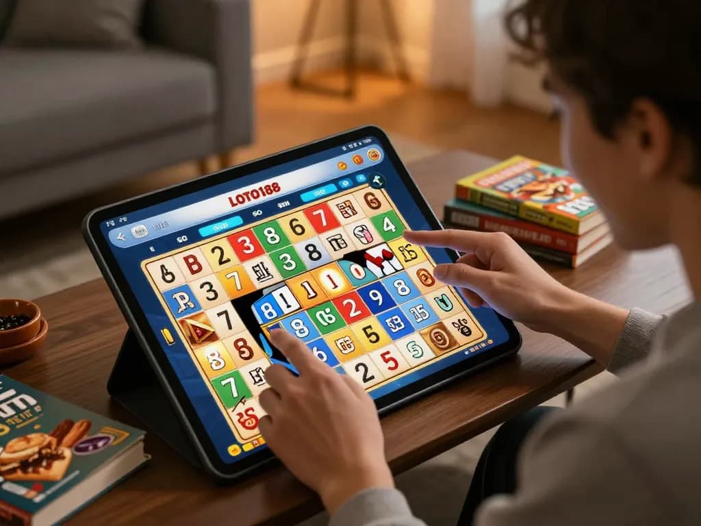 Player enjoying LOTO188 SO online bingo game, celebrating a win with colorful cards and cozy ambiance.