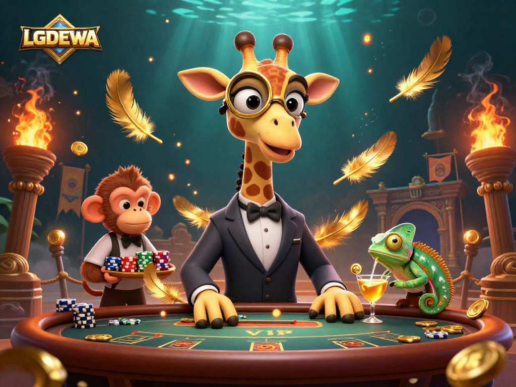 Experience thrilling gameplay with LGODEWA in this vibrant casino scene featuring entertaining characters.