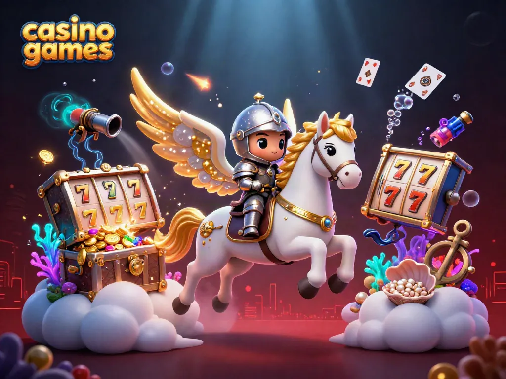Engaging scene of dynamic casino games with a celestial horse, colorful gems, and floating cards.