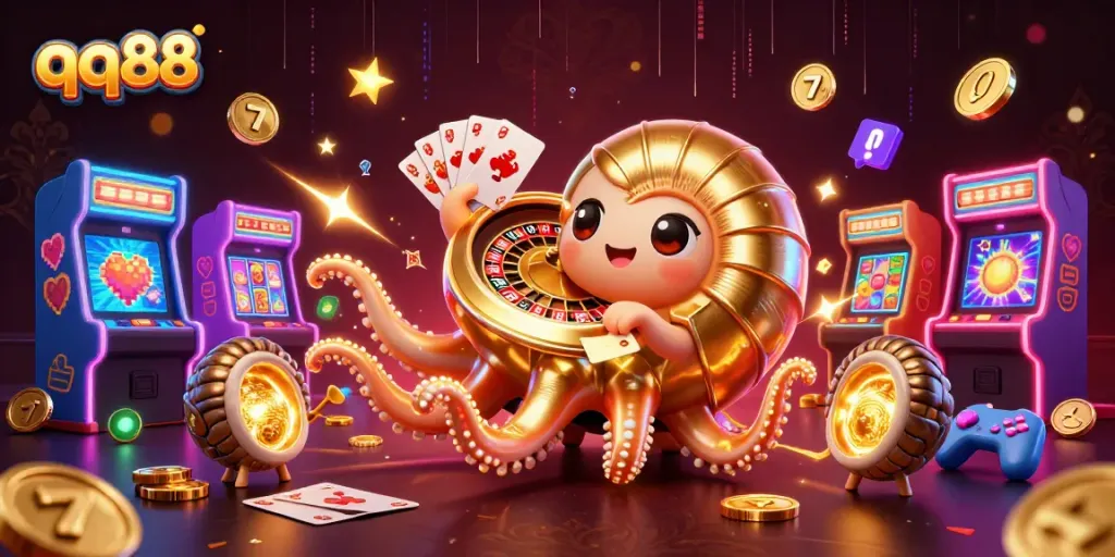 Experience qq88's vibrant casino excitement with a 3D nautilus and glow of slot symbols.