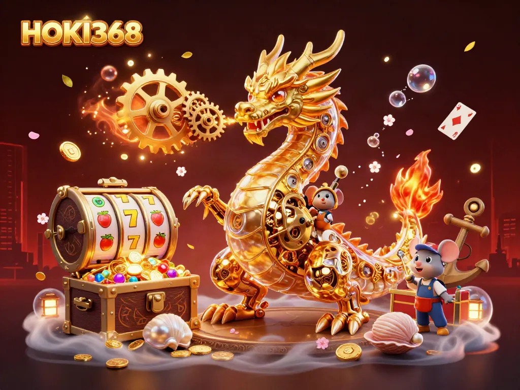 Engage in slot adventures with HOKI368 as a golden dragon breathes gears amidst treasures.