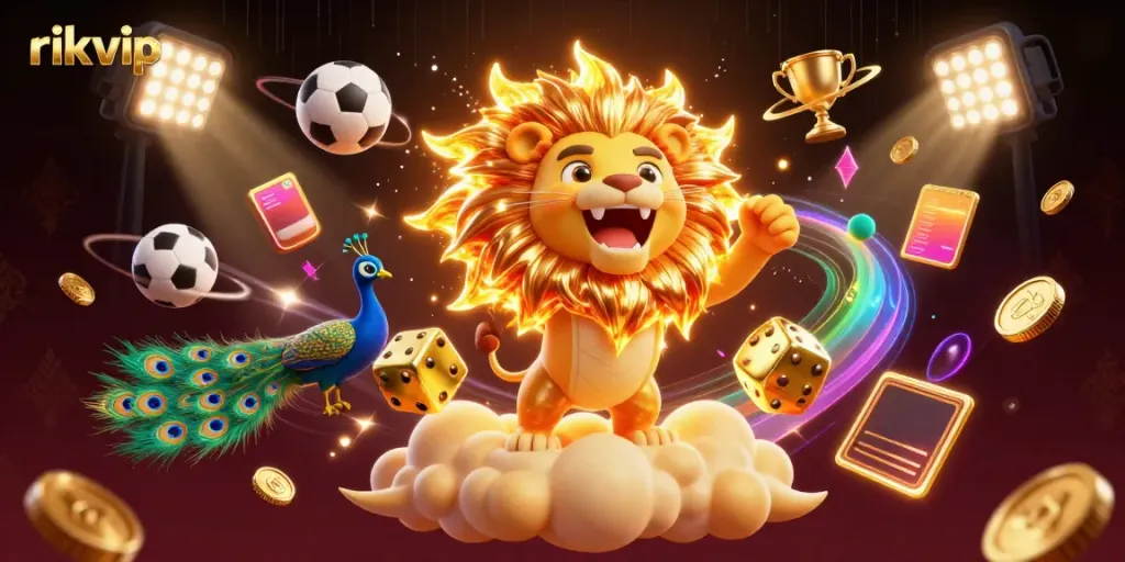 Experience thrilling gameplay at rikvip with vibrant casino-themed visuals featuring gold coins and dice.