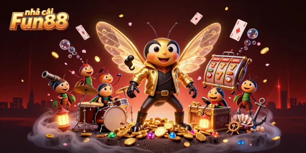 Experience the thrill at nhà cái Fun88 through our vibrant 3D illustration featuring dynamic casino elements.