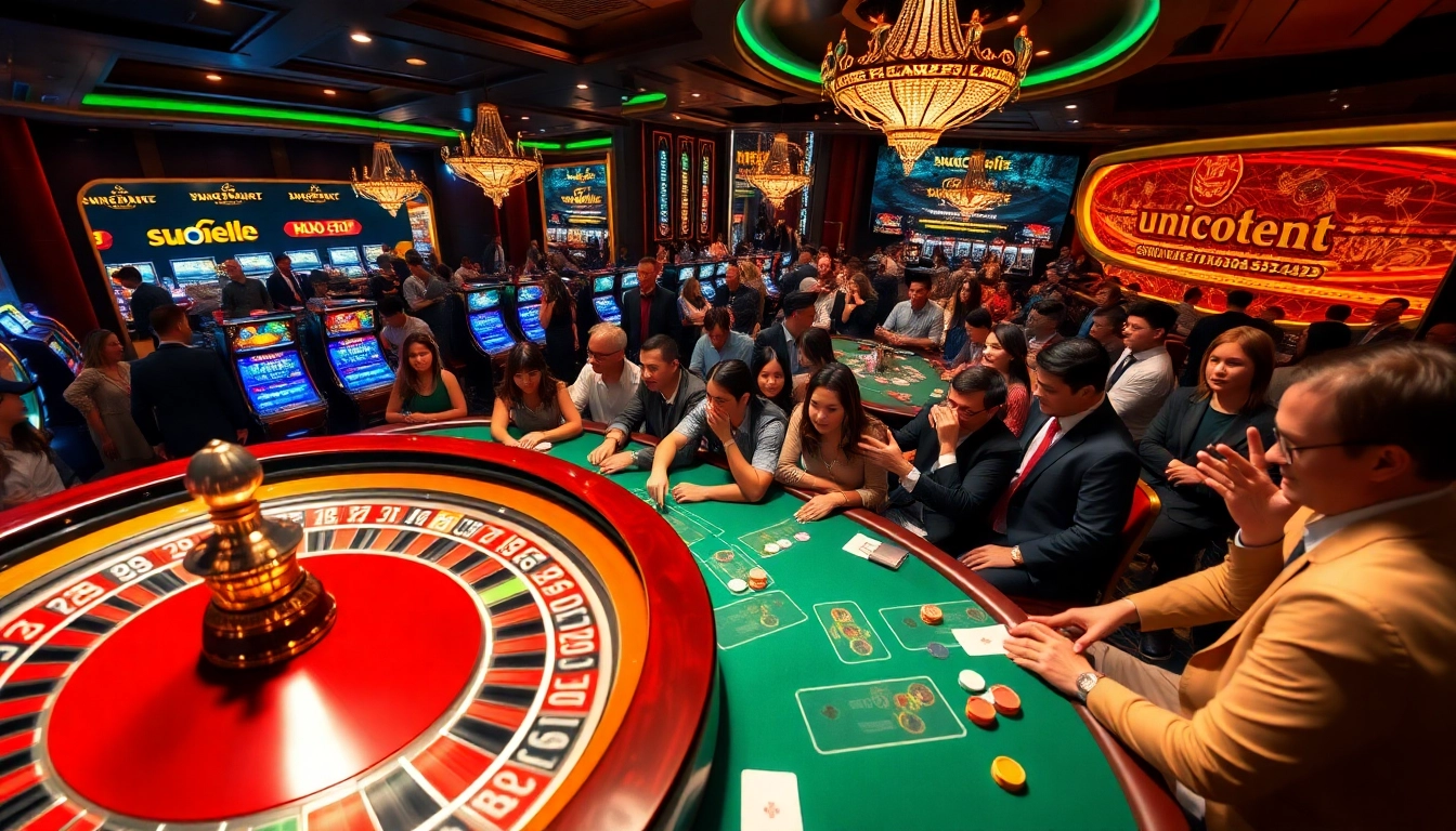 Players enjoying the excitement of casino games at u888.com with vibrant slot machines and poker tables.