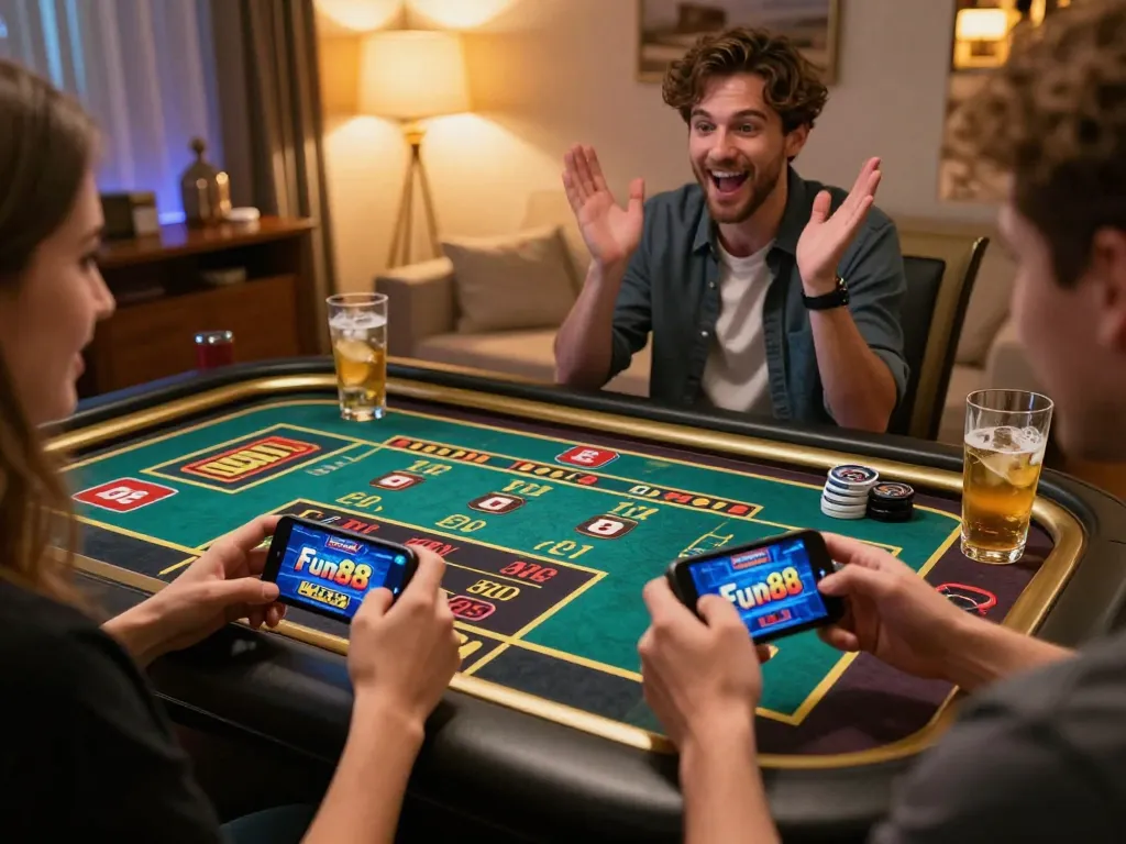 fun88 online gaming session with a player engaging in live betting on smartphone in a cozy home