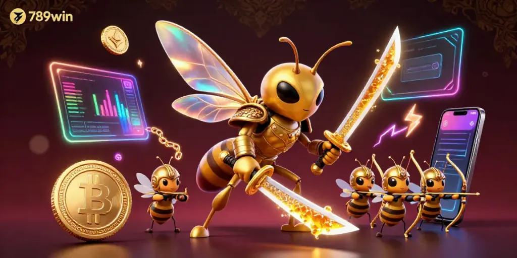 Experience the excitement of 789win with a vibrant, animated scene featuring a samurai hornet and cryptocurrency elements.