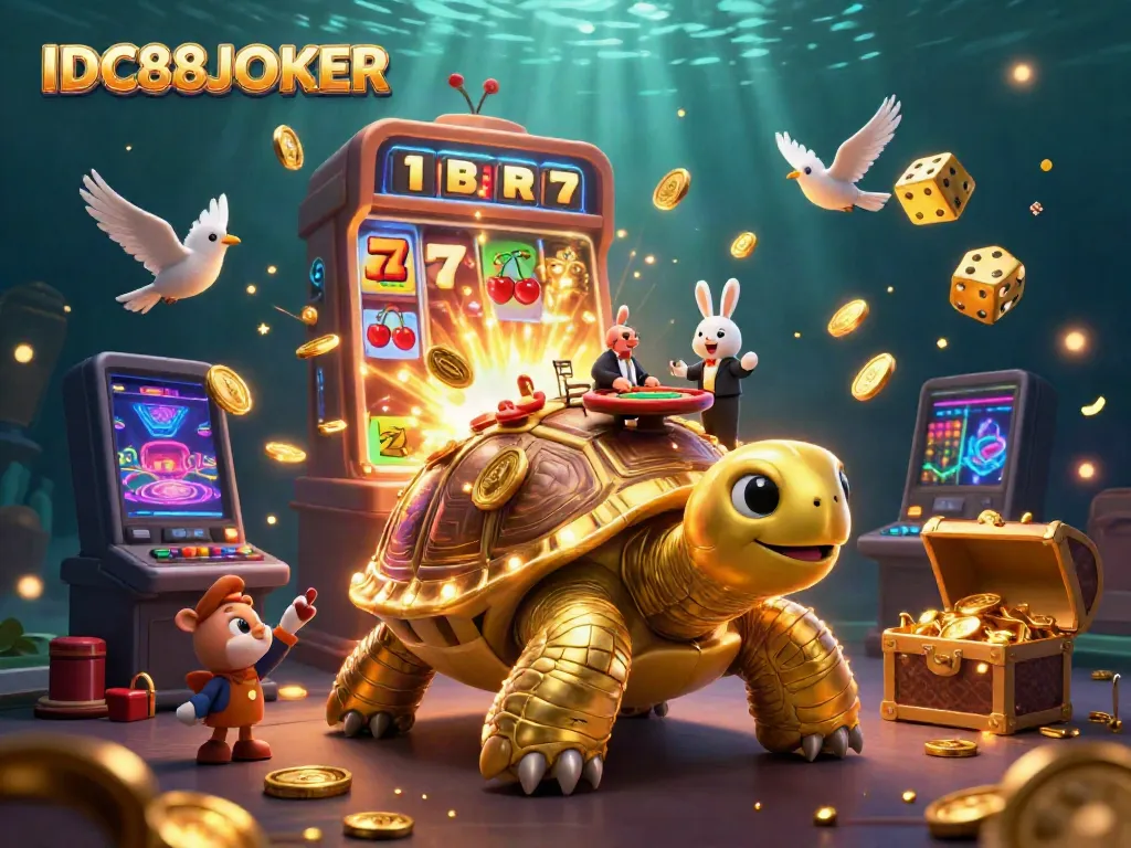 Experience thrilling gameplay at IDC88JOKER, featuring a vibrant casino scene with dazzling characters and action.