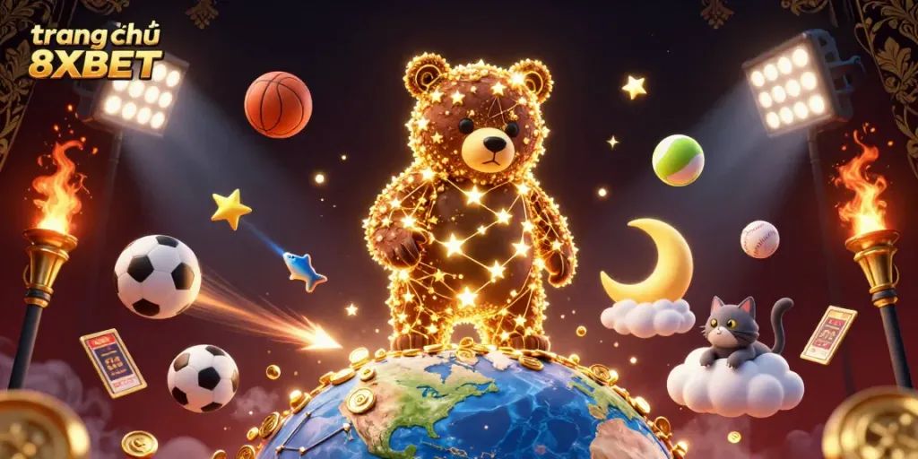 Experience the excitement of trang chủ 8XBET as the golden constellation bear scoops coins, surrounded by dynamic gambling elements.