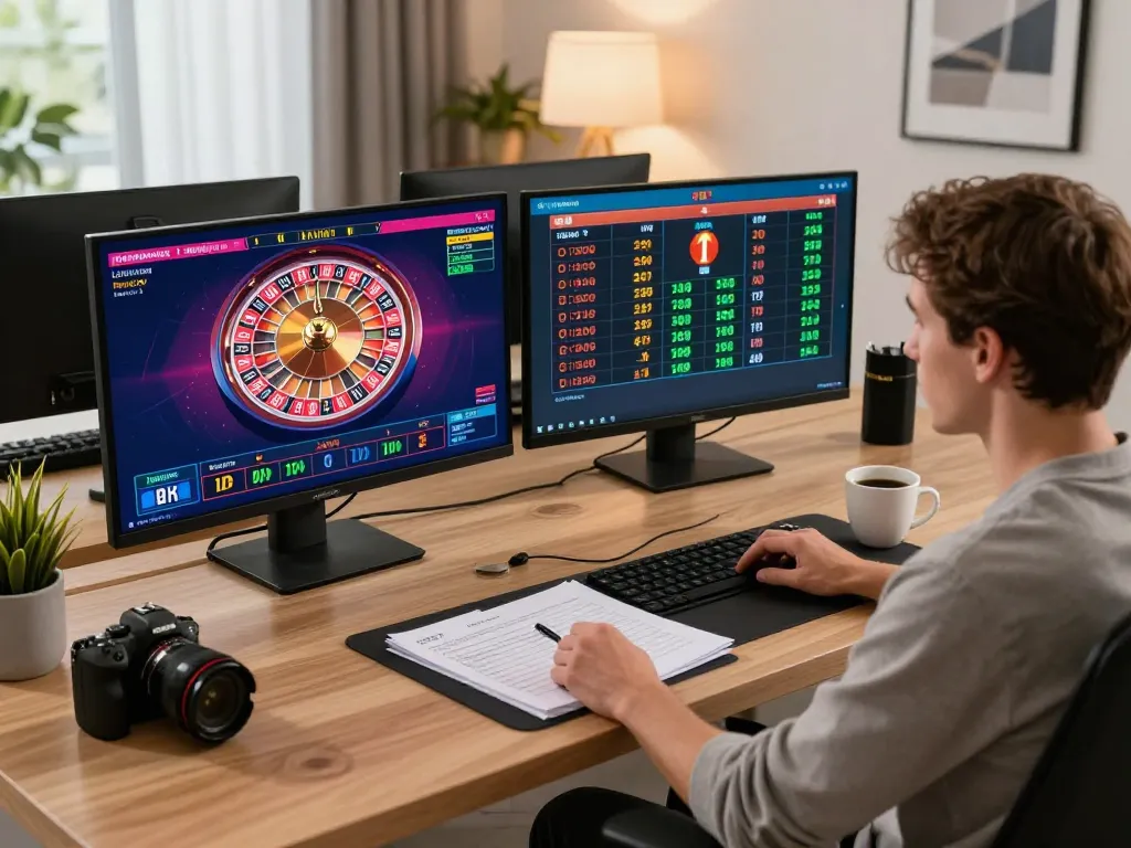 Person engaging in online gambling with tylekeo strategies at home, showcasing screens with games and odds.