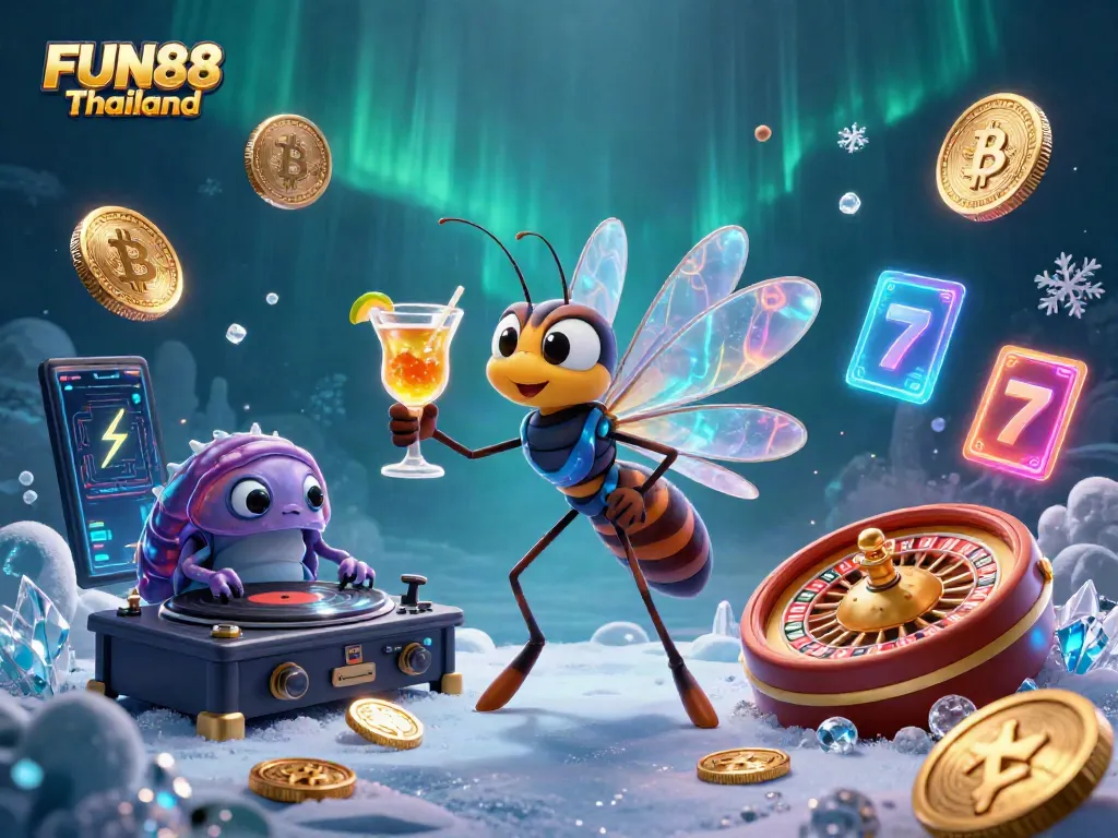 Experience excitement at FUN88 Thailand with vibrant casino-themed characters and slot elements.