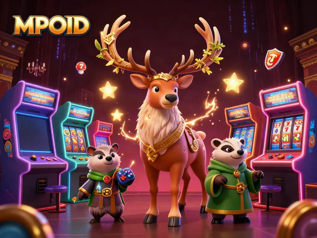 Engage with MPOID’s vibrant online gaming world featuring a druid stag, arcade machines, and winning symbols.