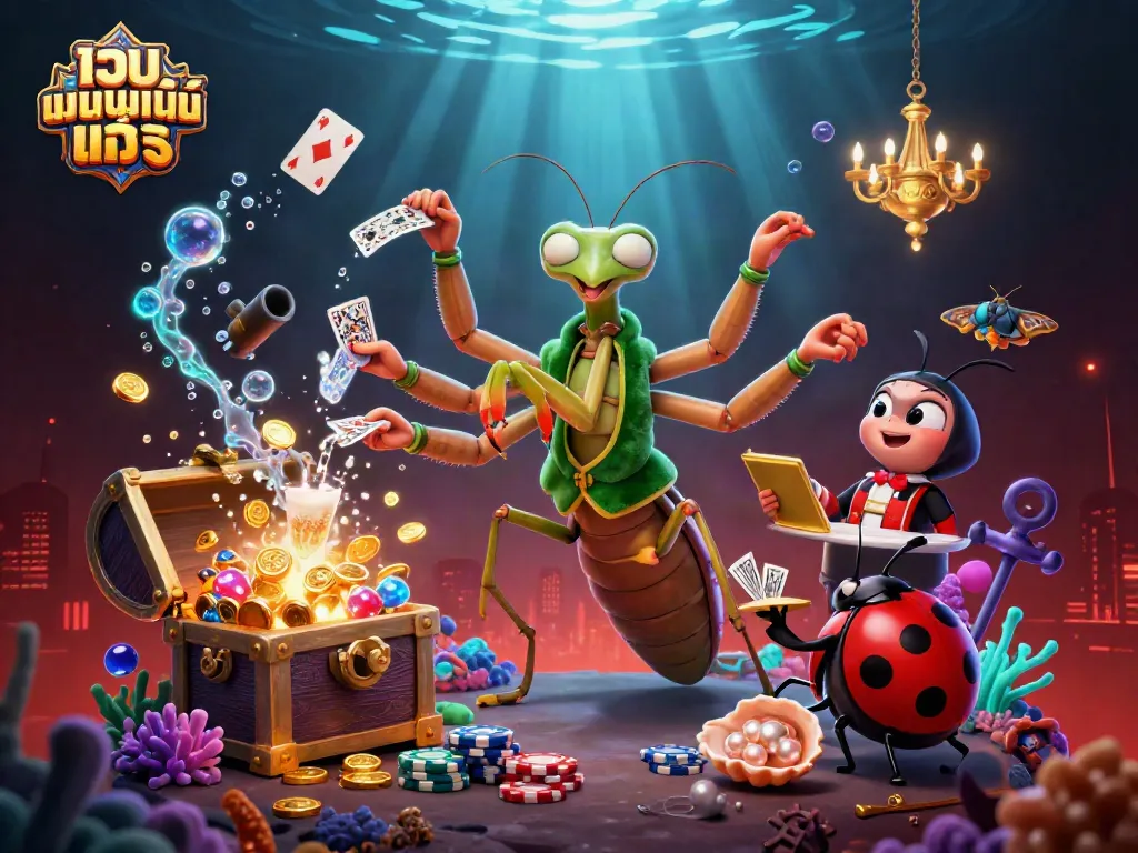 เล่นพนันออนไลน์ แท้ ด้วยภาพการ์ตูน 3D ที่มีเจ้ามดและเจ้าหน้าที่ควบคุมเกมในคาสิโน