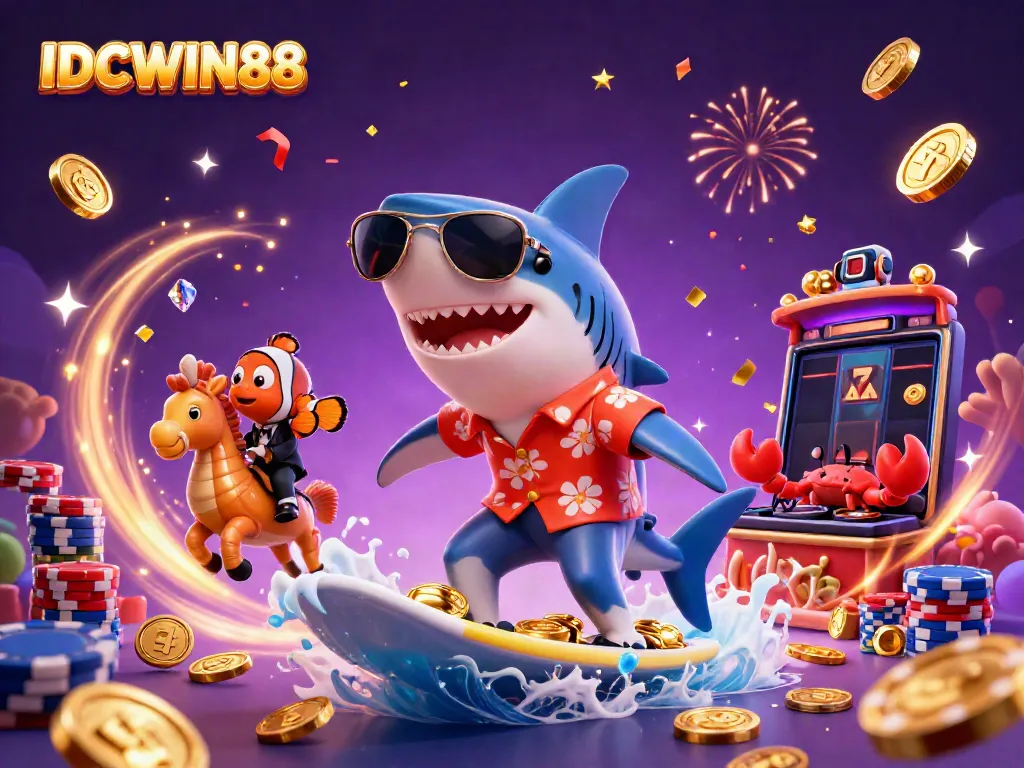 Experience thrilling wins at IDCWIN88 with playful characters celebrating around a dynamic casino scene.