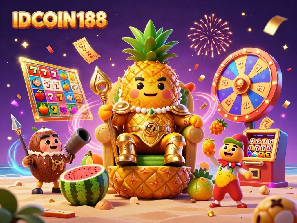IDCOIN188 offers a vibrant casino scene with the golden pineapple king and engaging game elements, creating an exciting atmosphere.