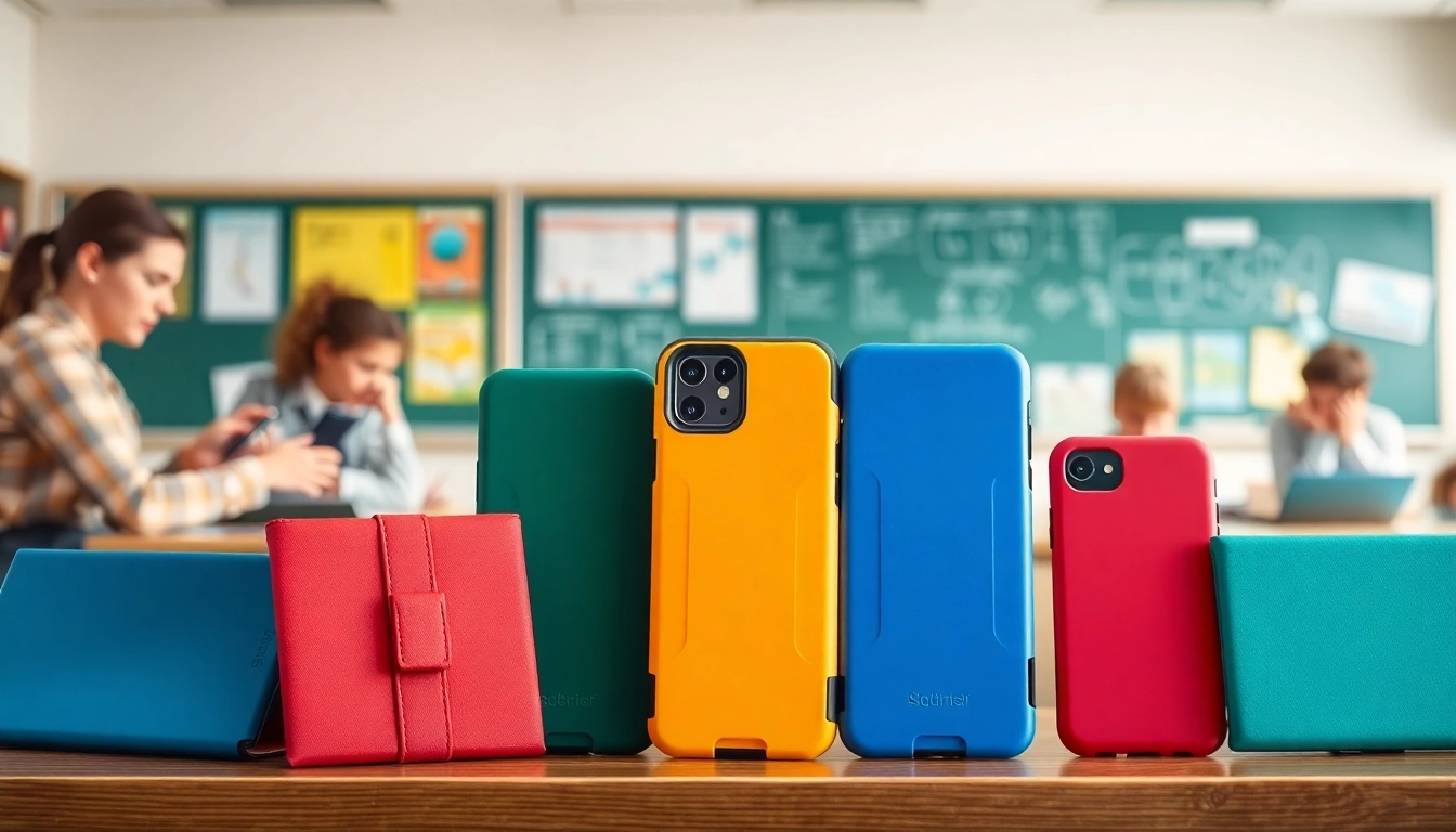 Handytasche Klassenzimmer für verschiedene Smartphones in einem modernen Klassenzimmer mit buntem Design.