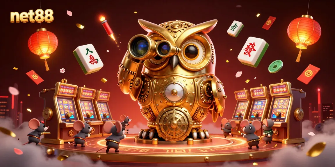 Engage with net88 through vibrant casino elements featuring a golden owl and charming mouse patrons.