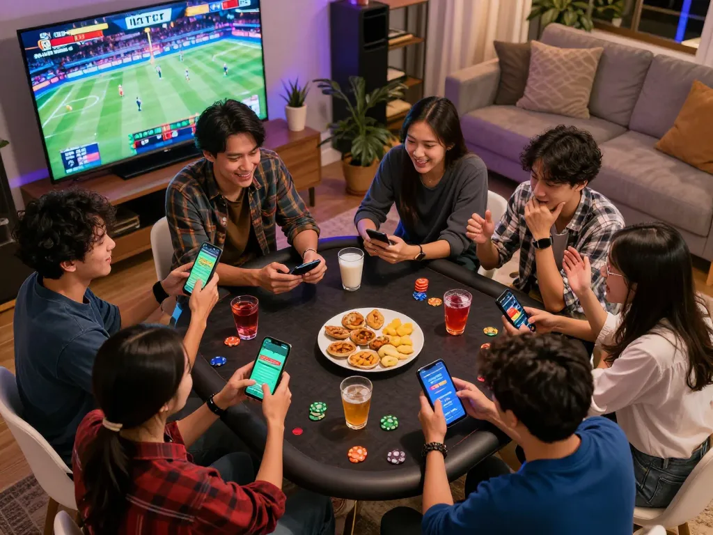 Betting excitement at home with friends using the LC88 app on mobile devices.