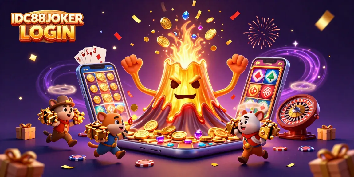 Experience the thrill of winning with IDC88JOKER LOGIN surrounded by vibrant casino elements and treasure.