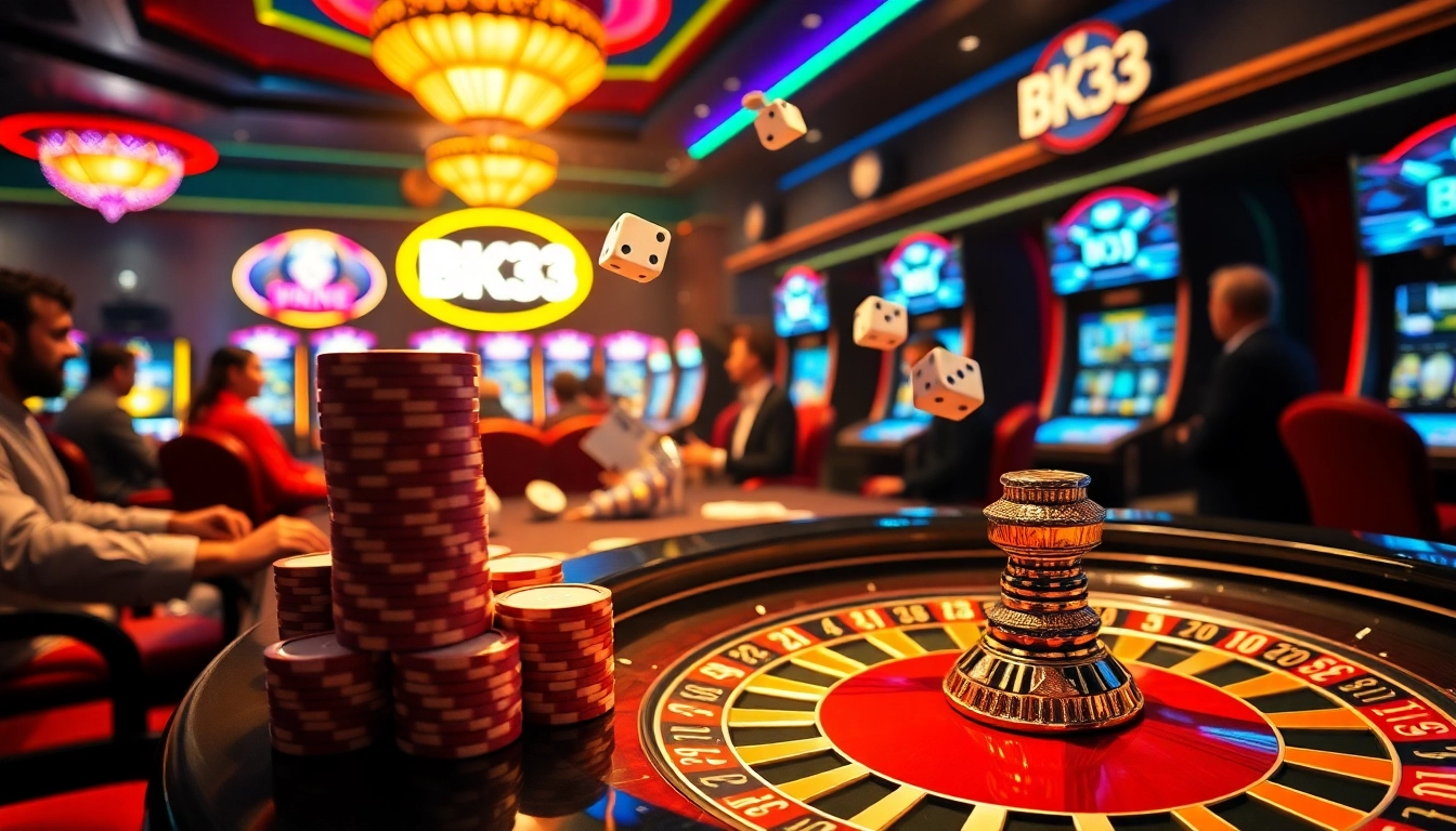 BK33 players enjoying high-stakes excitement around a roulette table in a vibrant casino scene.