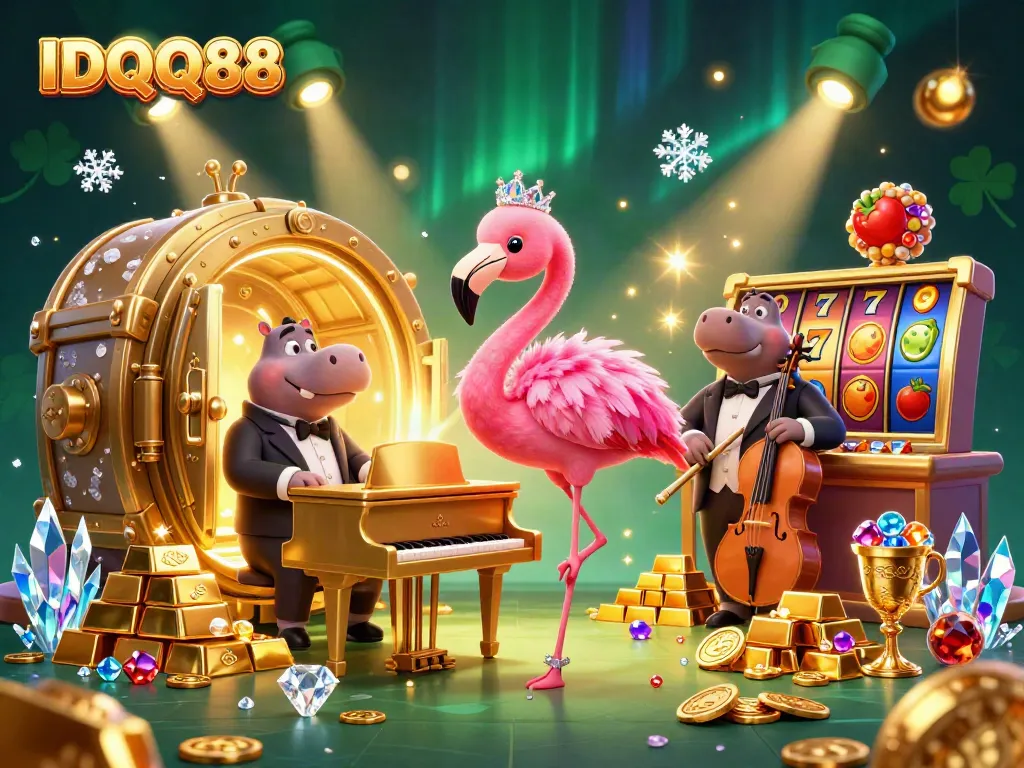Engage with IDQQ88's vibrant casino scene showcasing cartoon characters at a golden piano surrounded by treasures.