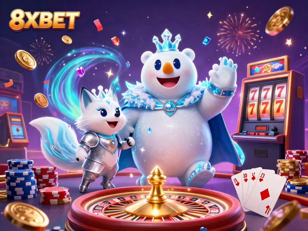 Win big with 8XBET's thrilling casino experience featuring a majestic polar bear and snow fox amidst golden coins and colorful chips.