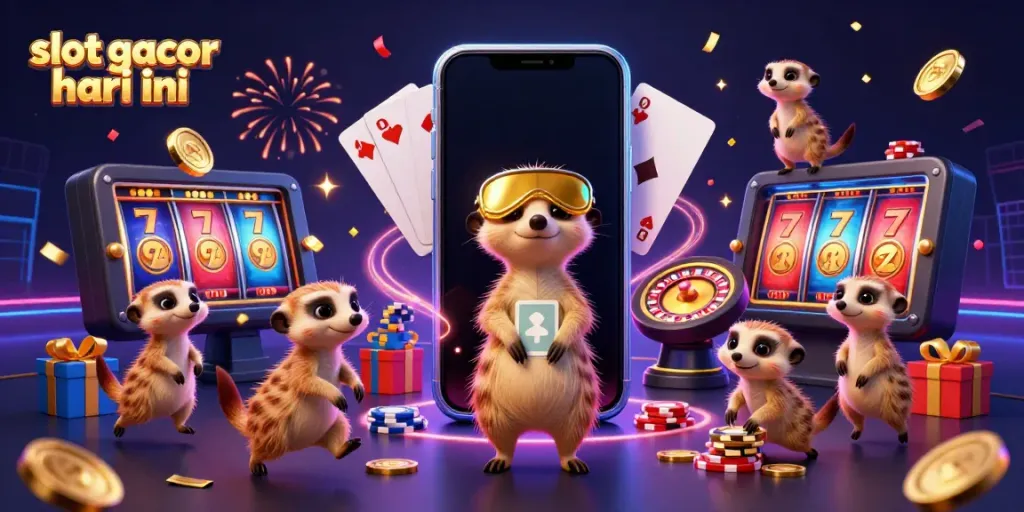 Engaging scene of meerkats in casino operation, showcasing slot gacor hari ini excitement.