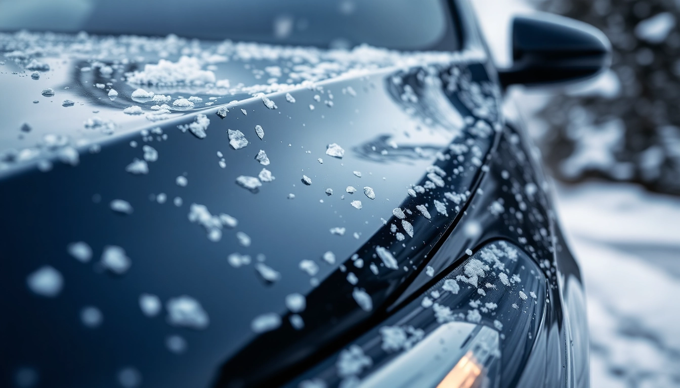 PPF winter road salt protection on a gleaming car amidst snowfall, showcasing winter resilience.