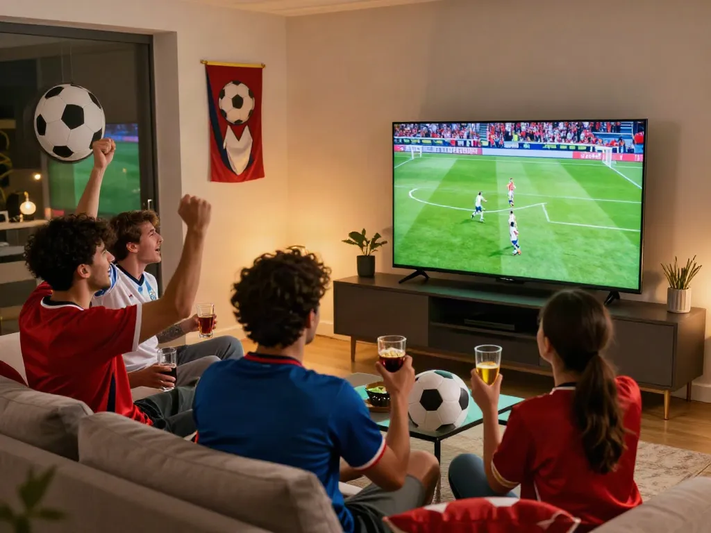 Fans enjoying a football match on https://thapcamtvlive.live/ in a vibrant living room atmosphere.