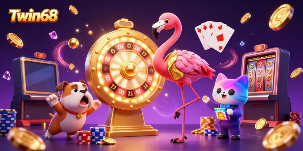 Engage with Twin68 as the flamingo host spins a golden prize wheel surrounded by vibrant gambling elements.
