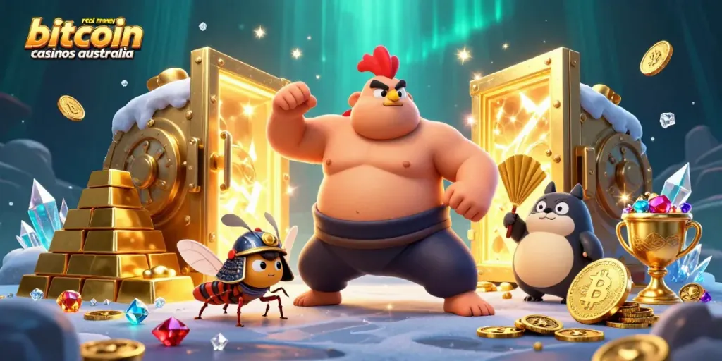 Experience thrilling action at real money bitcoin casinos Australia with a mighty sumo rooster and fierce samurai cricket.