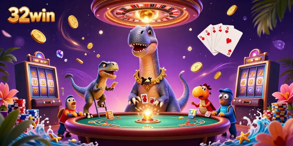 Engage in fun and excitement at 32win with vibrant scenes of 3D characters and casino games.