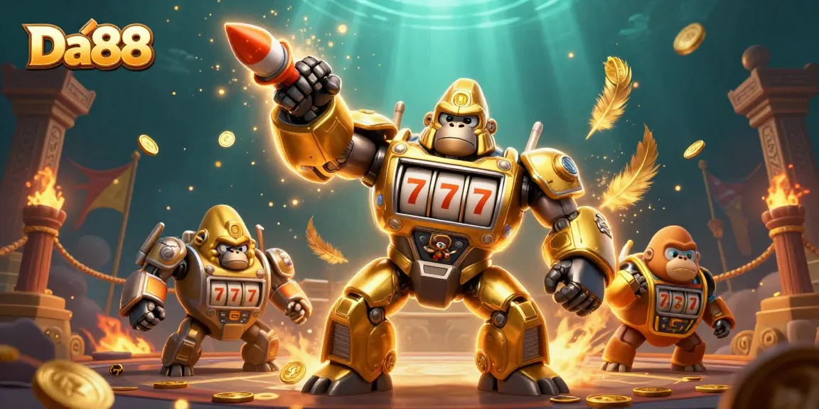 Experience Da88's excitement as the golden gorilla mech unleashes fortune in a vibrant casino arena.