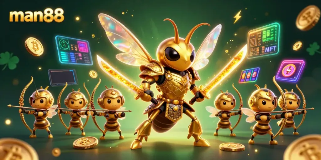 Experience the thrill of man88 with an epic 3D casino scene featuring samurai hornets and crypto symbols.
