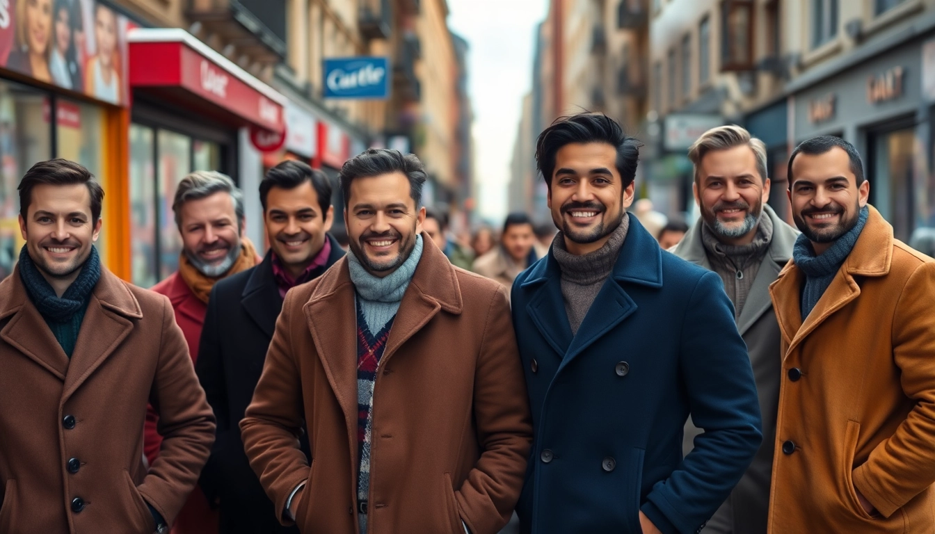 Stylish winter coats men in an urban street setting showcasing diverse winter fashion.