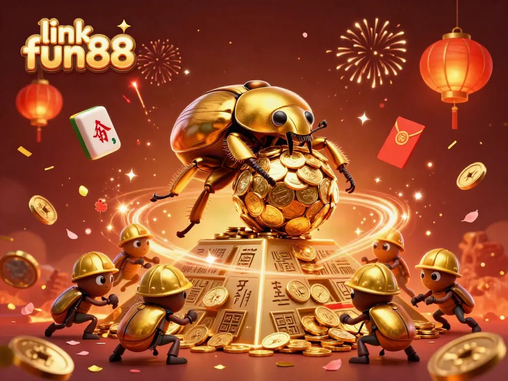 Engage with the vibrant link fun88 scene featuring a golden dung beetle rolling coins amidst festive casino symbols.