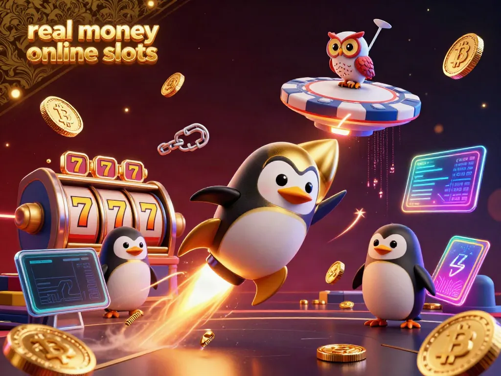 Engage with real money online slots as cartoon penguin rides through a vibrant casino-themed space.