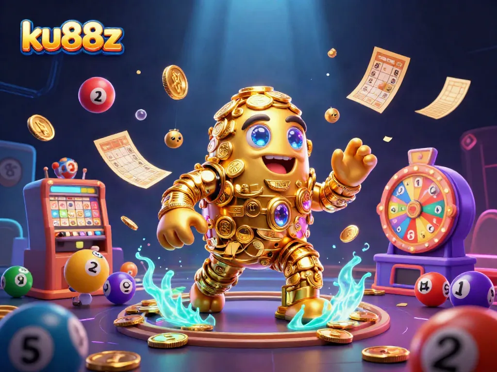 Experience the vibrant fun of ku88z with animated lottery and gaming elements in a vivid 3D setting.