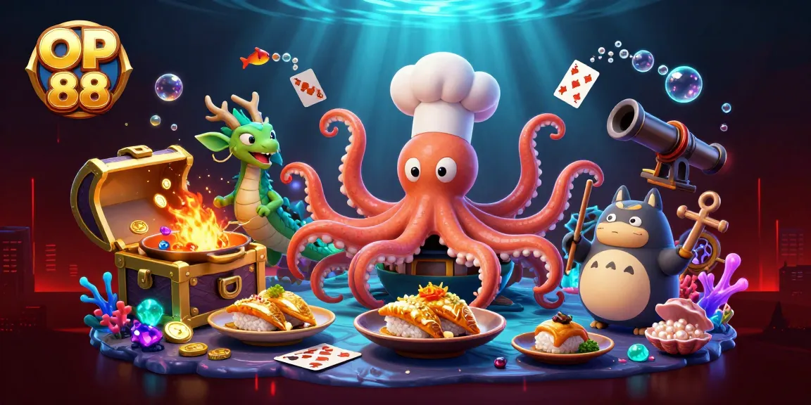 Engage in thrilling games at OP 88 while the sushi chef octopus prepares golden dishes in an underwater casino.