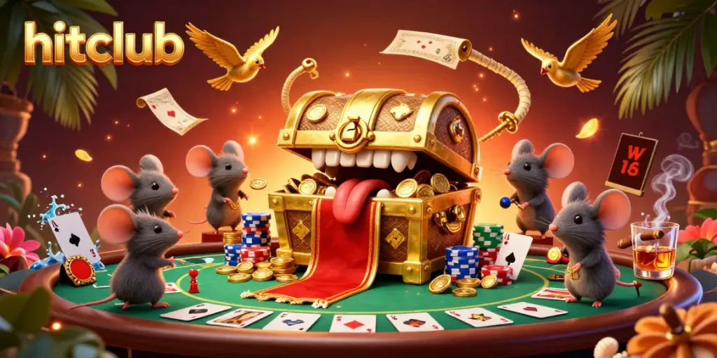 Engage with hitclub's vibrant casino scene with a treasure chest attracting adventurous mice and piles of poker chips.