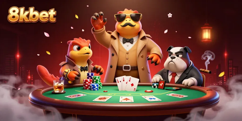 Engage in thrilling poker action with 8xbet's lively casino scene featuring playful raptors.