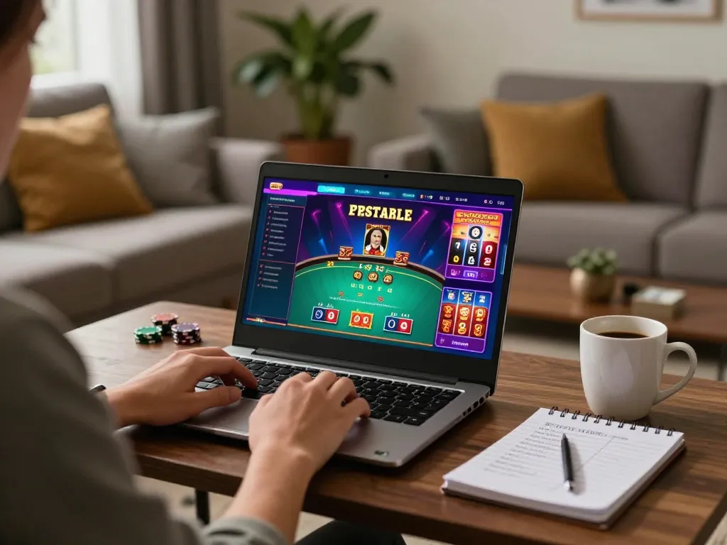 Engaging gameplay on 33winn platform with a person strategizing poker bets in a cozy home setting.