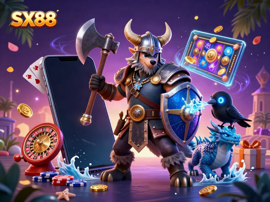 Experience thrilling gaming with SX88 as a Viking wolf warrior alongside a dragon and raven surrounded by slot game elements.