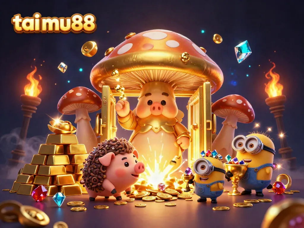 Experience the magic of tai mu88 as golden treasures burst from the vault, surrounded by a wizard and gems.
