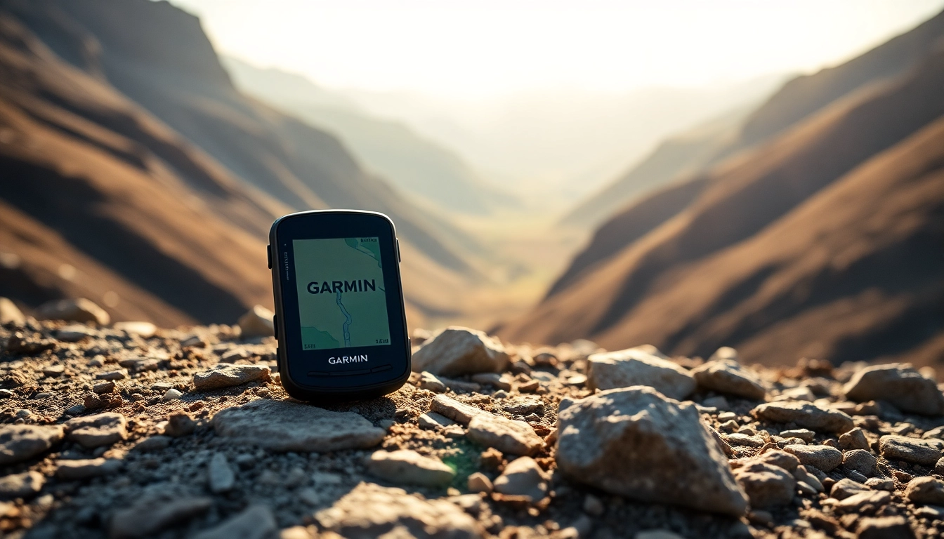 Garmin GPS device showcased in a rugged outdoor setting surrounded by breathtaking mountains.