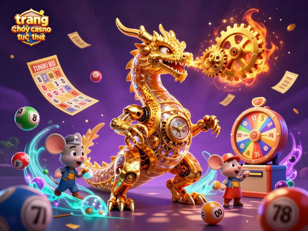 Trải nghiệm trang chơi casino trực tuyến với con rồng vàng 3D và các yếu tố trò chơi động đầy màu sắc.